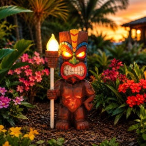 Peut inclure: Une statue tiki marron avec une expression féroce, des yeux jaunes lumineux et une coiffe bleue et jaune. La figurine tient un mât blanc surmonté d'une torche allumée à motif de briques qui émet une lumière jaune chaude éclairant les alentours.