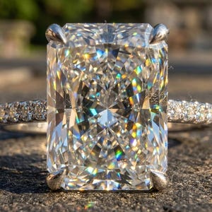 May include: A radiant-cut diamond ring with a large, rectangular center stone. The band is adorned with smaller diamonds, creating a sparkling effect. The ring is set in a silver metal, showcasing a classic and elegant design.