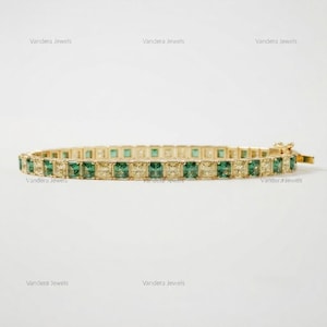Green & Yellow CZ Tennis Bracelet, 935 Argentium Silver Bracelet, Princess Style Square Link Bracelet, Minimal Luxury Jewelry Gift for Her