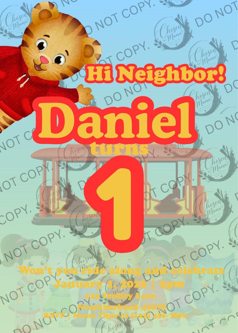 Puede incluir: Una invitaci&oacute;n de cumplea&ntilde;os con Daniel el Tigre. La invitaci&oacute;n incluye el texto "&iexcl;Hola Vecino! Daniel cumple 1 a&ntilde;o" en colores brillantes, junto con una ilustraci&oacute;n de tranv&iacute;a y detalles del evento.