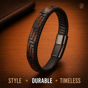 May include: A bracelet featuring a woven pattern of black and brown leather strips. The accessory includes a smooth, rectangular black metal clasp. Below the bracelet, the text reads: STYLE • DURABLE • TIMELESS. The design is simple and structured.