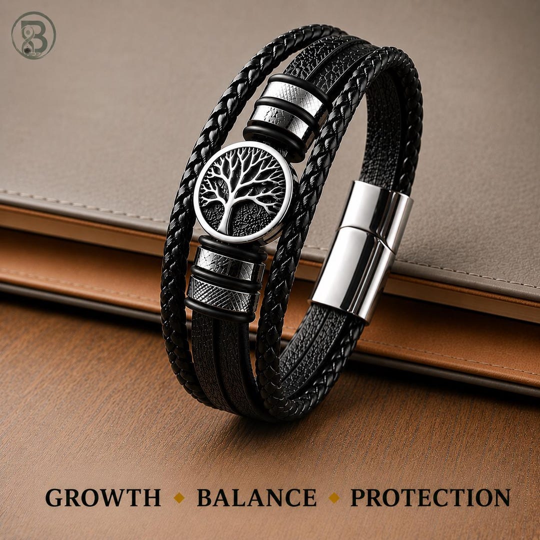 Men's Tree of Life Braided Leather Bracelet, Stainless Steel Punk ...