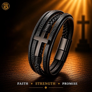 May include: A black multi-strand bracelet featuring a central metal cross charm, textured leather-like bands, and a braided cord element. The bracelet includes a smooth black metal magnetic clasp and is inscribed with the words FAITH, STRENGTH, PROMISE.