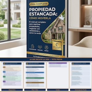 Puede incluir: Un libro en español titulado "PROPIEDAD ESTANCADA: CÓMO MOVERLA" con una cubierta azul marino y texto dorado. La portada muestra una imagen de una casa y texto sobre bienes raíces. El libro está sobre una superficie blanca.