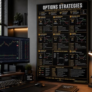 May include: A black educational wall poster titled OPTIONS STRATEGIES, THE COMPLETE GUIDE TO POPULAR OPTIONS STRATEGIES. It features eight numbered financial diagrams with text, market outlook icons, and payoff charts, printed in white, gold, and red.