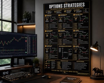 May include: A black educational wall poster titled OPTIONS STRATEGIES, THE COMPLETE GUIDE TO POPULAR OPTIONS STRATEGIES. It features eight numbered financial diagrams with text, market outlook icons, and payoff charts, printed in white, gold, and red.