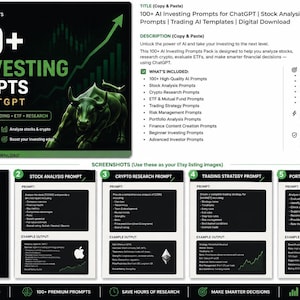 May include: Digital download for 100+ AI Investing Prompts for ChatGPT. The image features a green bull graphic, a rising graph, and text that reads "AI Investing Prompts." Includes prompts for stocks, crypto, trading, and research.