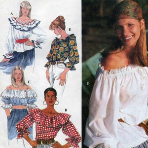 May include: Simplicity sewing pattern 9582 for off-the-shoulder tops in sizes XS, S, and M. The envelope features illustrations of five different blouse variations, including solid white, red and white gingham, and sunflower print designs.