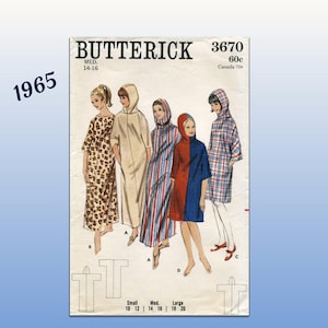 May include: Vintage Butterick sewing pattern from 1965, featuring hooded dresses in various styles. The pattern includes sizes small to large, with measurements for sizes 10-20. The cover showcases illustrations of the finished garments.