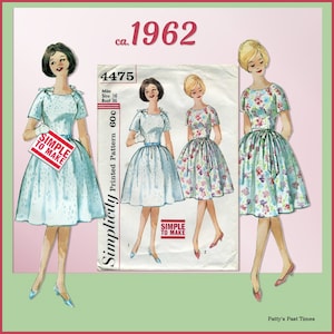 Simplicity 4475 vintage dress sewing pattern for early 1960s dress with a full, gathered skirt, raglan sleeves and back zipper, Bust 36