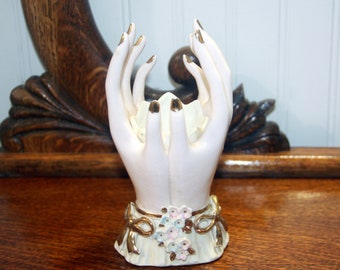 Hand Vase by Rubens Originals, Mid Century, 1960s, Porcelain with Tiny Flowers and Gold Color Bows, Pretty Vintage Gift for Mom or Grandma