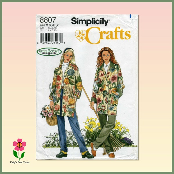 Simplicity 8807 Sewing Pattern for Garden Jacket with Large Patch Pockets, Sizes S - M - L - XL,  Uncut 90s Pattern in Factory Folds