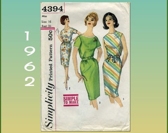 Simplicity 4394 sheath dress sewing pattern, simple to make dress, vintage 1960's short sleeve or sleeveless pattern Bust 36