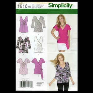 May include: Simplicity sewing pattern 1916 H5 for tops in sizes US 6-14. The envelope displays illustrations of six variations of V-neck tops with different sleeve lengths and floral or solid patterns, alongside photographs of two finished garments.