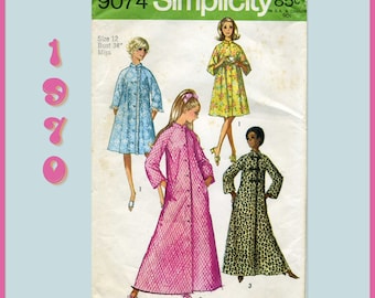 Simplicity 9074  Robe Sewing Pattern for Long robe or short robe with Raglan sleeves and Stand up collar UNCUT 1970s pattern Size 12 Bust 34