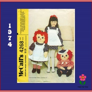 McCall&#39;s 4268 Raggedy Ann and Andy Large 36” Doll Sewing Pattern Ann&#39;s Apron Fits Small Child, UNCUT 70s Vintage Pattern is in Factory Folds