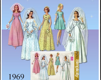 Simplicity 8640 Wedding Dress and Bride Maid Dress Sewing Pattern. has princess seaming , Late 1960s Vintage Size 8 in Factory Folds