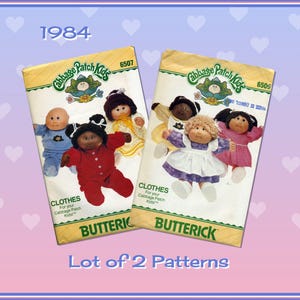 May include: Two vintage Cabbage Patch Kids sewing pattern books from 1984. The covers feature illustrations of the dolls in various outfits. The text "CLOTHES" and "BUTTERICK" are visible. The phrase "Lot of 2 Patterns" is also displayed.
