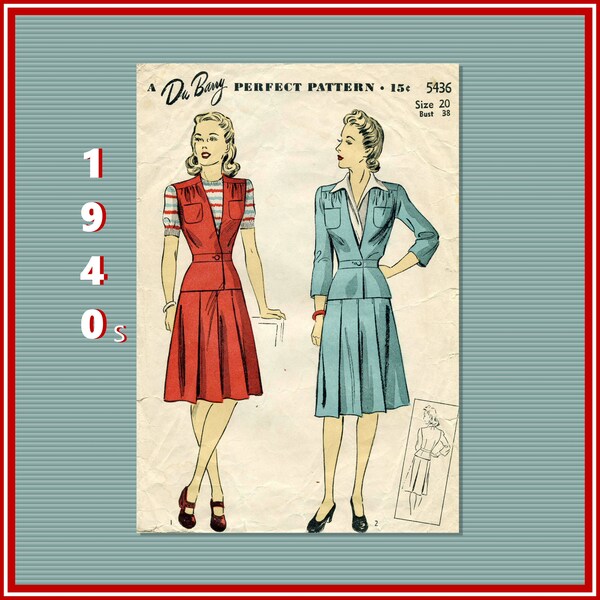 Du Barry 5436, Woman's and Misses' Jacket with Peplum and Skirt Sewing Pattern 1940s Vintage Pattern Bust 38"