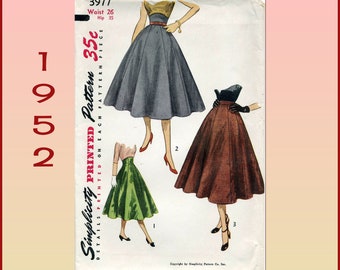 Simplicity 3977 Vintage 1950's  Misses' Skirts Sewing Pattern for Ten Gored Skirt with Shaped Waistband, 26 inch Waist, Uncut  Factory Folds