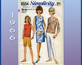 Simplicity 6554, 1960s Mid-century Wardrobe Sewing Pattern for Misses' Shift dress, top, shorts and long pants, BUST 37