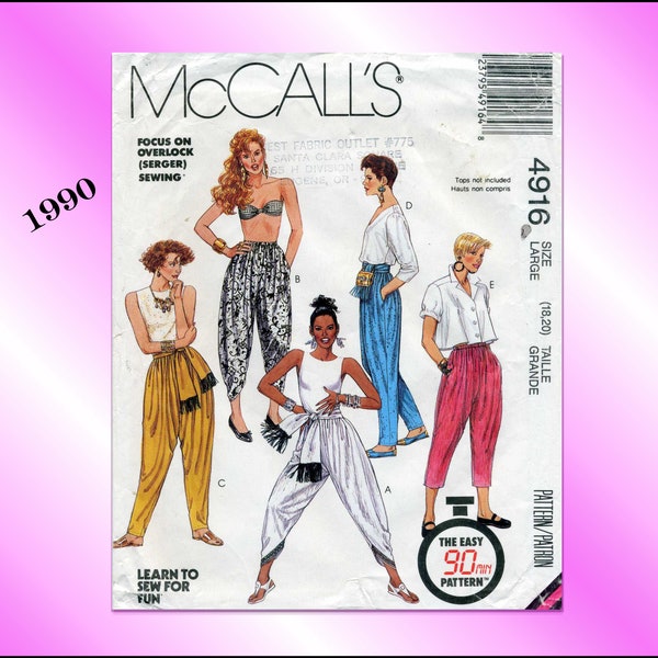 McCall's 4916, vintage 1990, Harem Pants with pockets & sash, Loose Fitting Pull-on Pants, Fast Sewing Pattern, Misses Size Large 18 - 20,