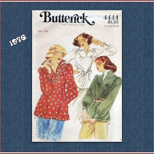 May include: Vintage Butterick sewing pattern from 1976, featuring illustrations of women's blouses. The pattern includes a red floral print top, a white blouse with a bow, and a green top with a high collar. The pattern number is 4444, size 16.