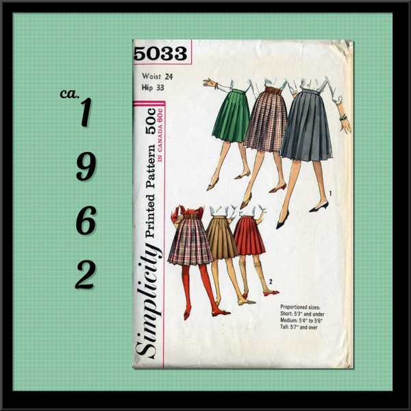 Simplicity 5033, Vintage 1960s, Sewing Pattern for Pleated Skirt, Waist 24 inches
