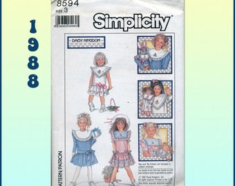 Simplicity 8594, Vintage 1980s, Daisy Kingdom, Dropped Waist Dress and Detachable Collar, Child Sz 3 Sewing Pattern, Uncut in Factory Folds