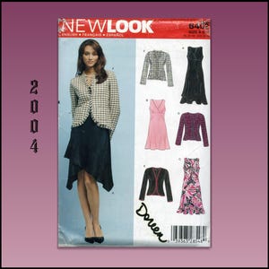 May include: A New Look sewing pattern featuring a woman modeling a blazer and skirt. The pattern includes images of various garment designs, including dresses and jackets. The pattern's cover is red and white, with the text "NEW LOOK" at the top.
