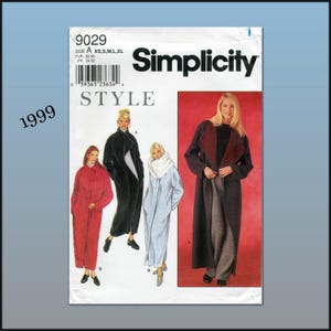 May include: Simplicity sewing pattern 9029 from 1999. The pattern features images of long coats in red, black, and light blue. The pattern includes sizes XS, S, M, L, and XL. The text "STYLE" is visible.