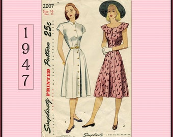 Simplicity 2007 Vintage 1940s Dress Sewing Pattern for Button Front, Gored Skirt, Rounded Collar or a Small Collar Dress, Bust 34