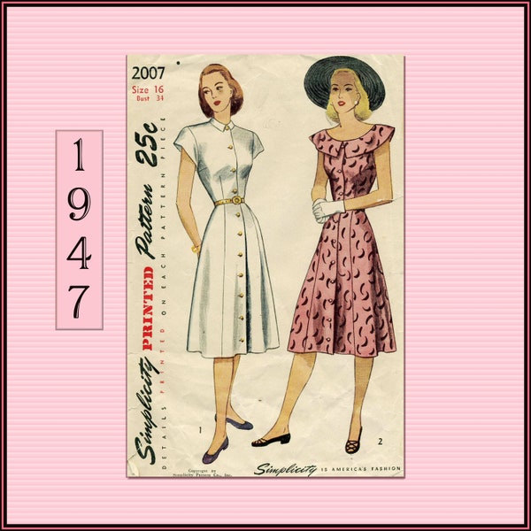 Simplicity 2007 Vintage 1940s Dress Sewing Pattern for Button Front, Gored Skirt, Rounded Collar or a Small Collar Dress, Bust 34