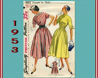 Simplicity 4197, Vintage Early 1950s, Dress Sewing Pattern, Simple to Make Dress has Detachable Tie Collar and Cuffs, Bust 32