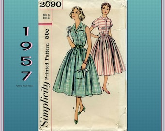 Simplicity 2090, 50s Pattern for Dress has Full Soft Pleat Skirt, Button Front, Pockets, Short Sleeves or Sleeveless, Bust 36, Factory Folds