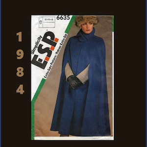 Simplicity 6635, 1984, Vintage Misses&#39; Sizes 12, 14, 16, Sewing Pattern for Cape, has armhole openings and collar,  Bust 34, 36 & 38 inches