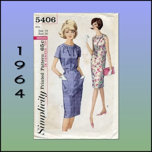 May include: Simplicity Printed Pattern 65c, size 14, bust 34, vintage sewing pattern for a sleeveless dress with pockets. The pattern shows two models wearing the dress, one in a floral print and the other in a solid blue.
