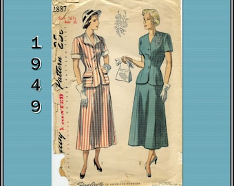 Simplicity 2887, 1940s, Gored Skirt and Top has Detachable Collar, Cuffs, three-quarter sleeves and Embroider Motif, Sewing Pattern, Bust 35