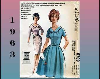 McCall's 6709 Sewing Pattern for front zippered dress with gored, pleated skirt and a tuck detail at neckline. Bust 42 – 44, Factory Folds