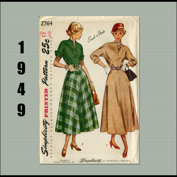 Simplicity 2764, Vintage 1940s, Sewing Pattern for Dress with Gathered Waistline, Slightly Flared Skirt and Kimono Sleeves