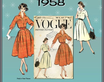 Vogue 9397, Vintage 1950s Sewing Pattern, Women's Shirtwaist Dress, Notched Collar, Pockets, Cuffed Sleeves, UNCUT in Factory Folds, Bust 32