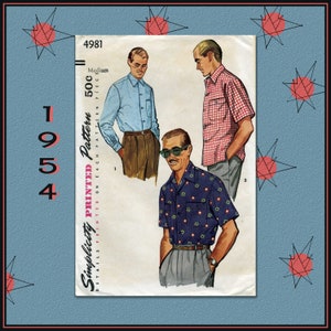 May include: A vintage Simplicity sewing pattern for a shirt, featuring three men wearing different styles of shirts. The pattern number is 4981 and the size is Medium. The text "Simplicity Printed Pattern" is printed on the side of the pattern.