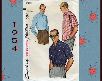 Simplicity 4981, Casual Man's Sport Shirt Sewing Pattern, Vintage 1950s, Mid-Century Modern, Size Medium Men, Uncut Pattern in Factory Folds