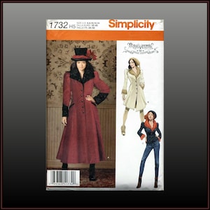 May include: Simplicity pattern 1732 H5 features a woman in a long, burgundy coat with black trim, a matching hat, and a floral accent. The pattern also shows illustrations of other coat designs. The pattern's size range is US 8, 10, 12, and 14.
