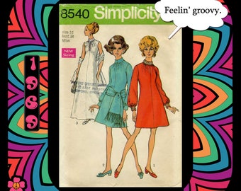 Simplicity 8540 Vintage Dress with Stand Up Collar, Classic Late 1960s Mod Style, Short or Long Dress Sewing Pattern, Size 16 Bust 38