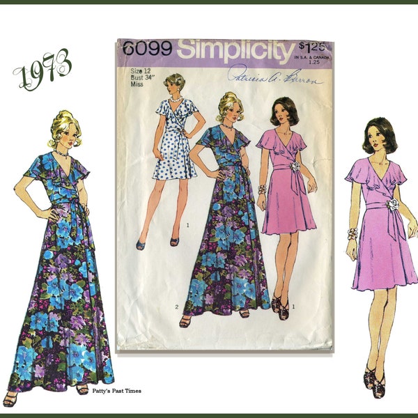 Simplicity 6099 front wrap dress 1970s Sewing Pattern for Maxi or Short Dress with V-neckline and cape-type collar Vintage size 12, bust 34"