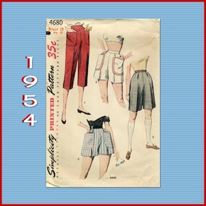 May include: Vintage Simplicity sewing pattern for shorts, number 4680. The pattern includes three different styles of shorts: red, white, and gray. The pattern is printed on each piece and costs 35 cents.