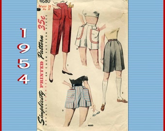 Simplicity 4680, Vintage 1950s, Misses' Pedal Pushers and Shorts with Large Patch Pockets, Pinup Girl Style, Sewing Pattern, Waist 28