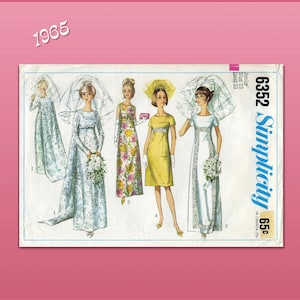 May include: A Simplicity sewing pattern envelope 6352 from 1965 featuring illustrations of five different dress designs. The patterns include long gowns with veils, a floral print floor-length dress, and a short yellow dress with white gloves.