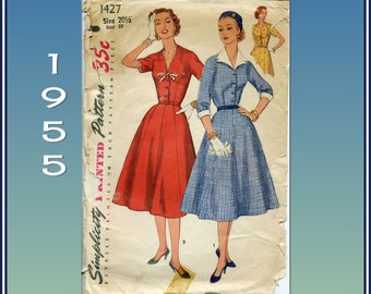 Simplicity 1427, Vintage, Classic 1950s style, Dress with Gored Skirt, V Neck, Detachable Notched Collar and Cuffs, Bust 39 Sewing Pattern